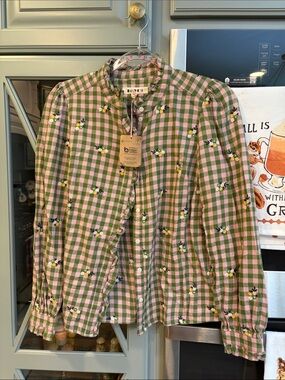 Boden Pink and Green Gingham Flannel Button-Down Floral Embroidery NWT 2
